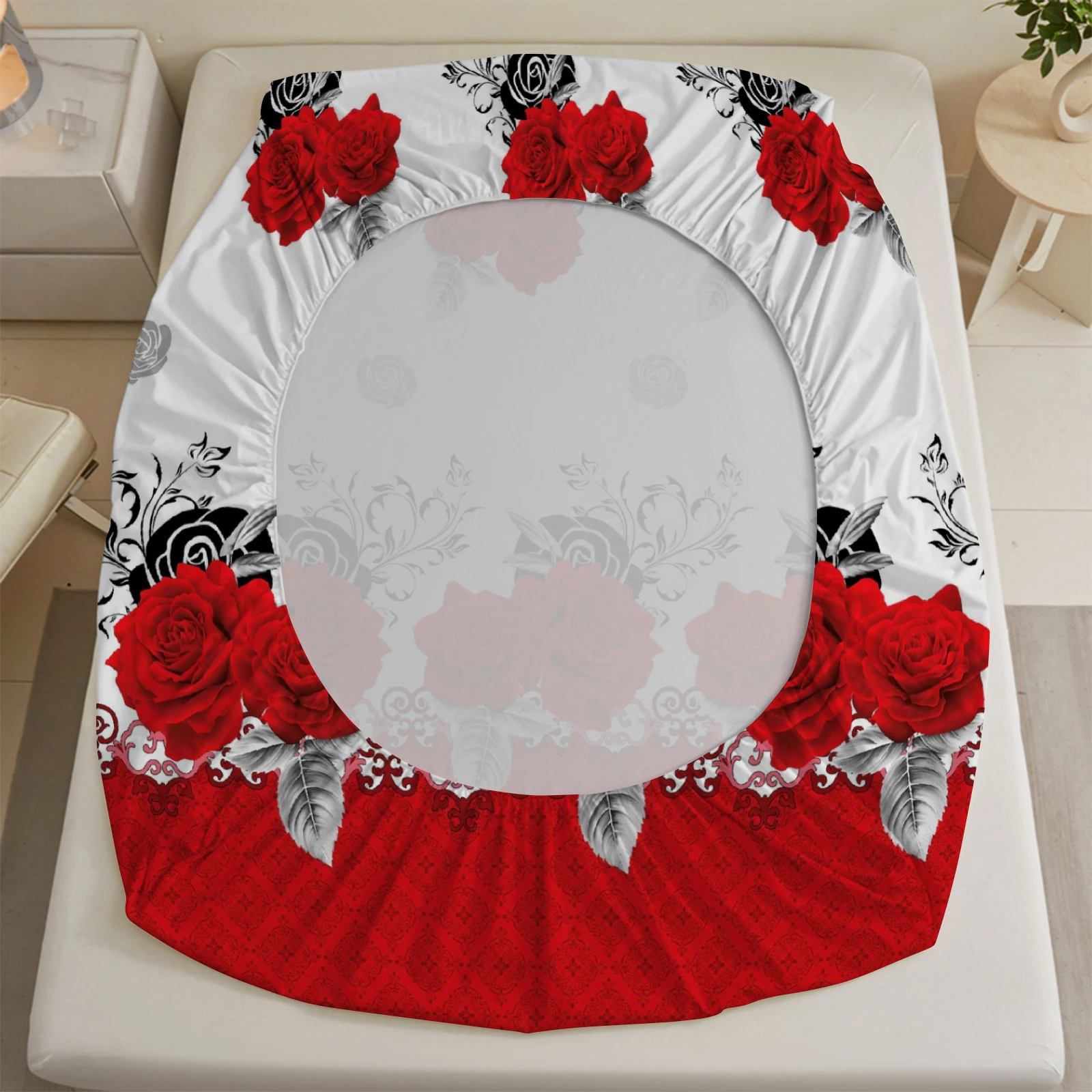 1 Stück Romantische Rote Rosen Bedruckte Spannbettlaken mit Tiefen Taschen Elastischer Matratzenbezug Einzel Doppel Queen King Schlafzimmer Deko – Detail 3