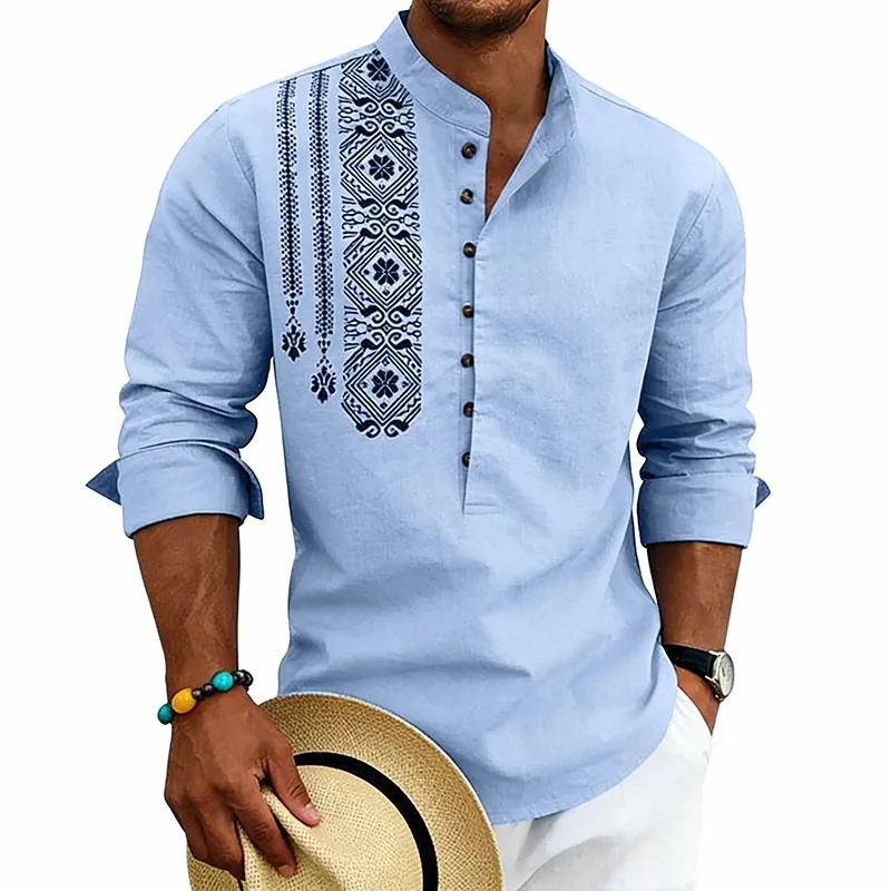2026 Men's Summer Stand-Up Neck Linen Long Sleeve T-Shirt, Ethnic Print Button-Up Shirt