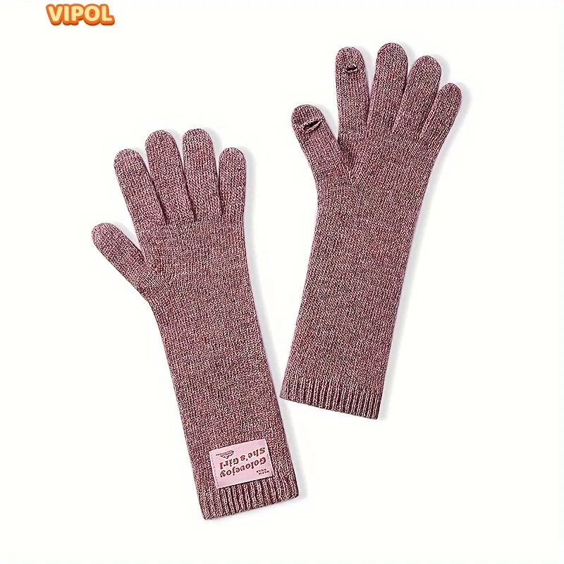 Letter Label Decor Knit Gloves Thick Soft Warm Solid Color Wool Gloves Autumn Winter Lengthen Warm Elastic Touchscreen Gloves