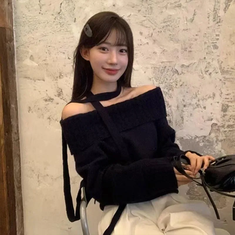 Roupas femininas moda slash neck manga longa pulôveres de malha outono inverno nova tendência elegante sólida solta blusas senhora y2k topo