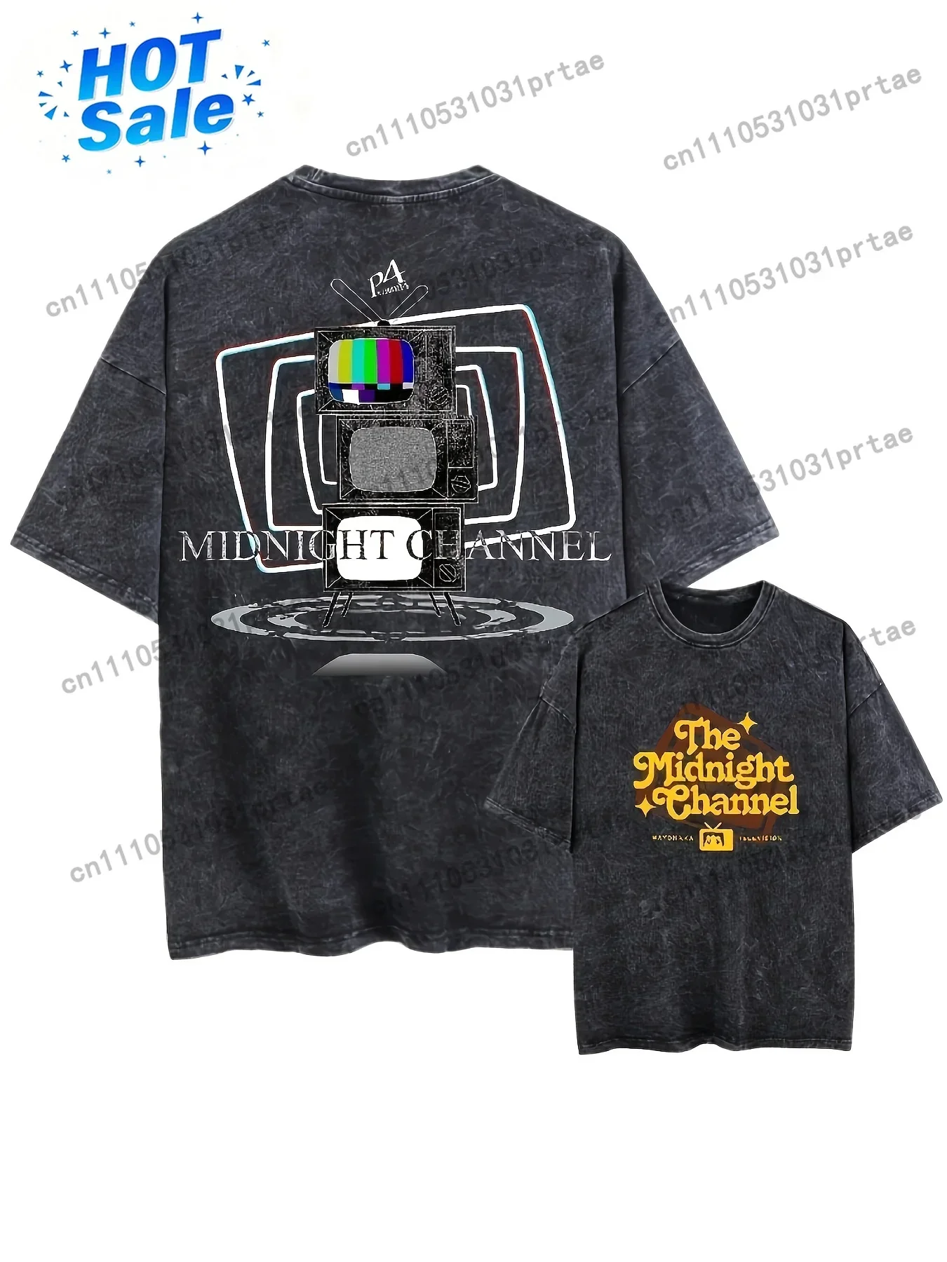 Persona 4 The Midnight Channel Anime T-Shirt - Japanese Game TV Show Logo Graphic Tee, Vintage Washed Oversized Unisex Shirt for
