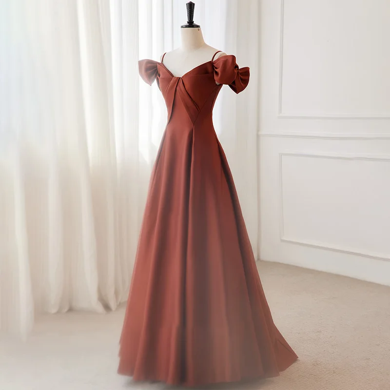 Evening Dress Boat Neck Auburn Pleat Floor-Length Short Sleeves Lace Up A-Line Simple Satin New Party Formal Dresses Woman B2788