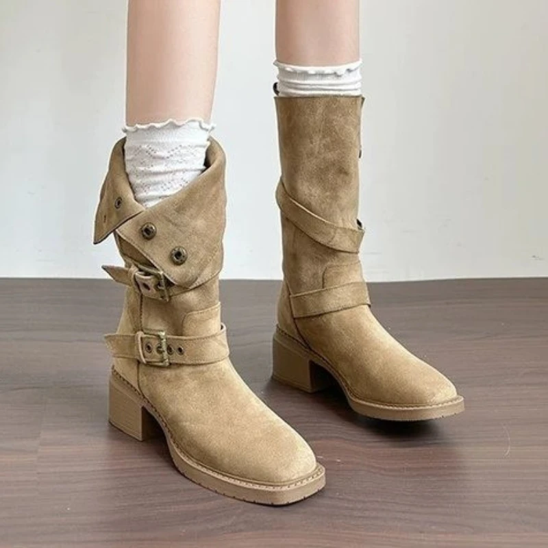 

2025 New Fall Winter Ankle Mid Heel Boots Fashionable Retro Warm Women's Mid Leg Slip Boot Buckle Embellishment