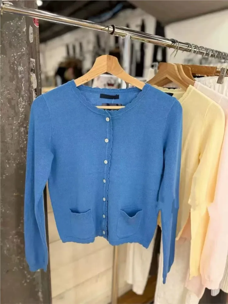 

Sweet Pocket Knit Sweater Coat Women Autumn Lace Trim Neck Button Casual Solid Jumper Tops Vintage Harajuku Y2K Chic Cardigan