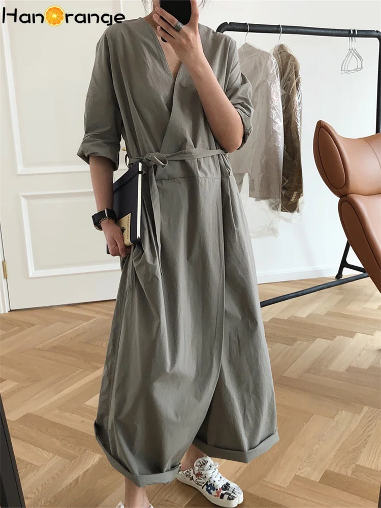 HanOrange 2024 Summer V-neck Jumpsuit Women High Waist Wide Leg Pants Straps Loose Thin Casual Trousers Female Black/Bean Green