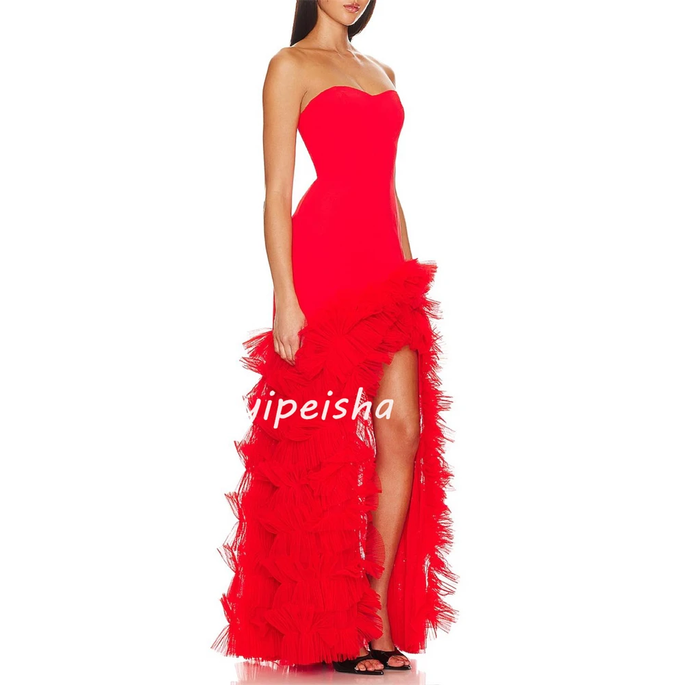 High Quality Fashion Jersey Tiered Pleat Ruched Draped A-line Strapless Long Dresses Prom Dresses Sizes Available Matching