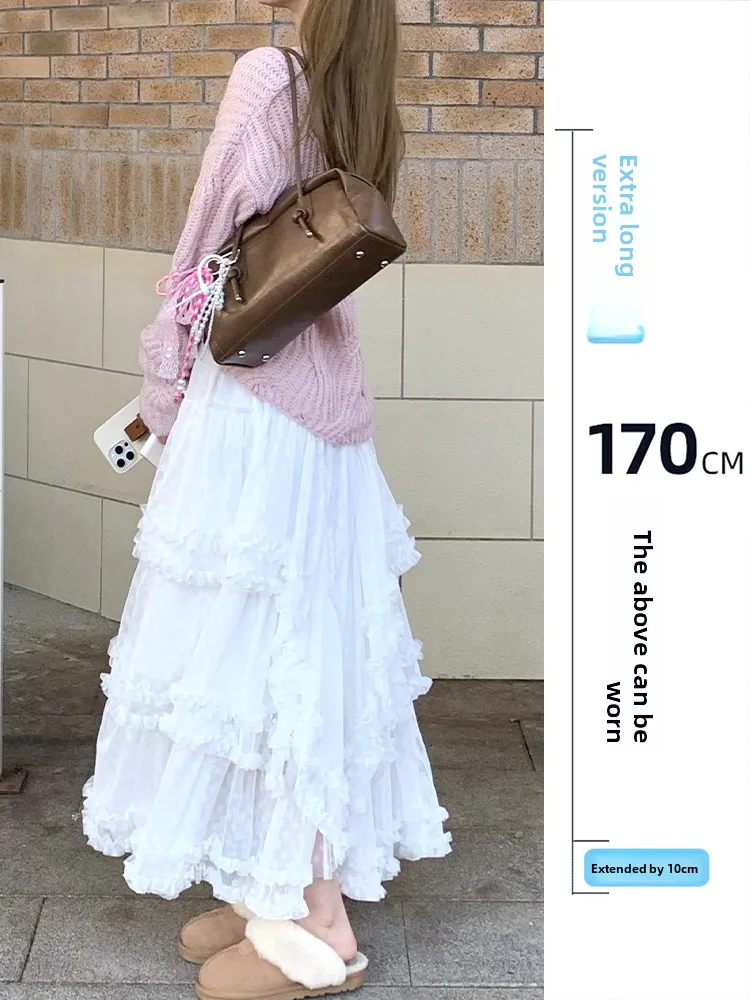 

Korean Sle Ballet Lengthened Version Lace Cake Skirt Women's Autumn Winter 75 Tall White Versatile Fluffy f-length Skirt