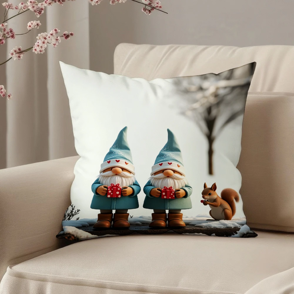 Square Throw Pillow Case White Christmas Gnomes Holding Red Gifts With Squirrel Print For Living Room Sofa Bedroom Home Decor