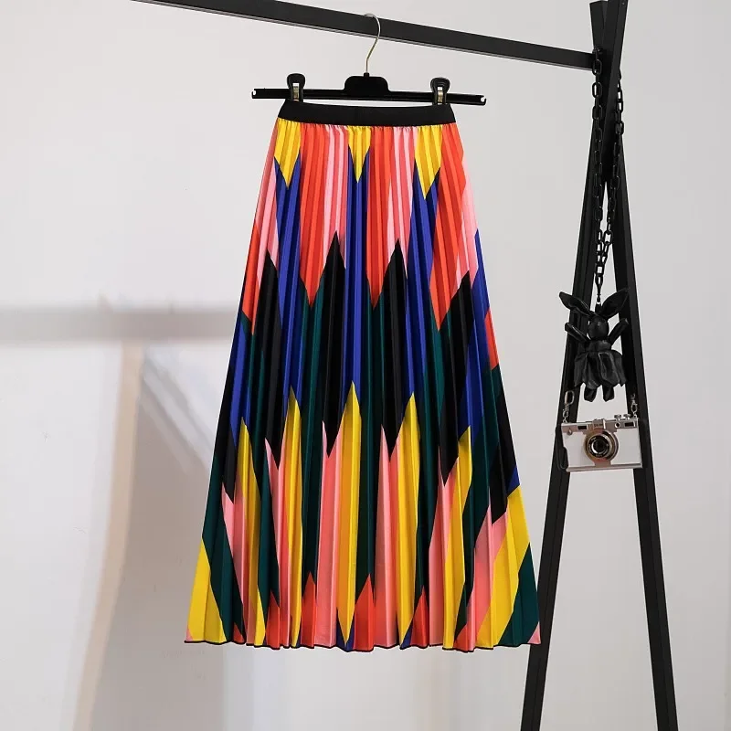 

Модные юбки с принтом, Женская плиссированная юбка средней длины с эластичным поясом, трапециевидная юбка