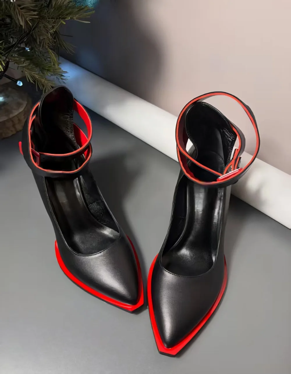 

Cool Punk Style Black Leather Pointed-Toe High Heels Strap Red Contrast Trim Design Wrap-Around Ankle Cuff Chunky Heels Shoes