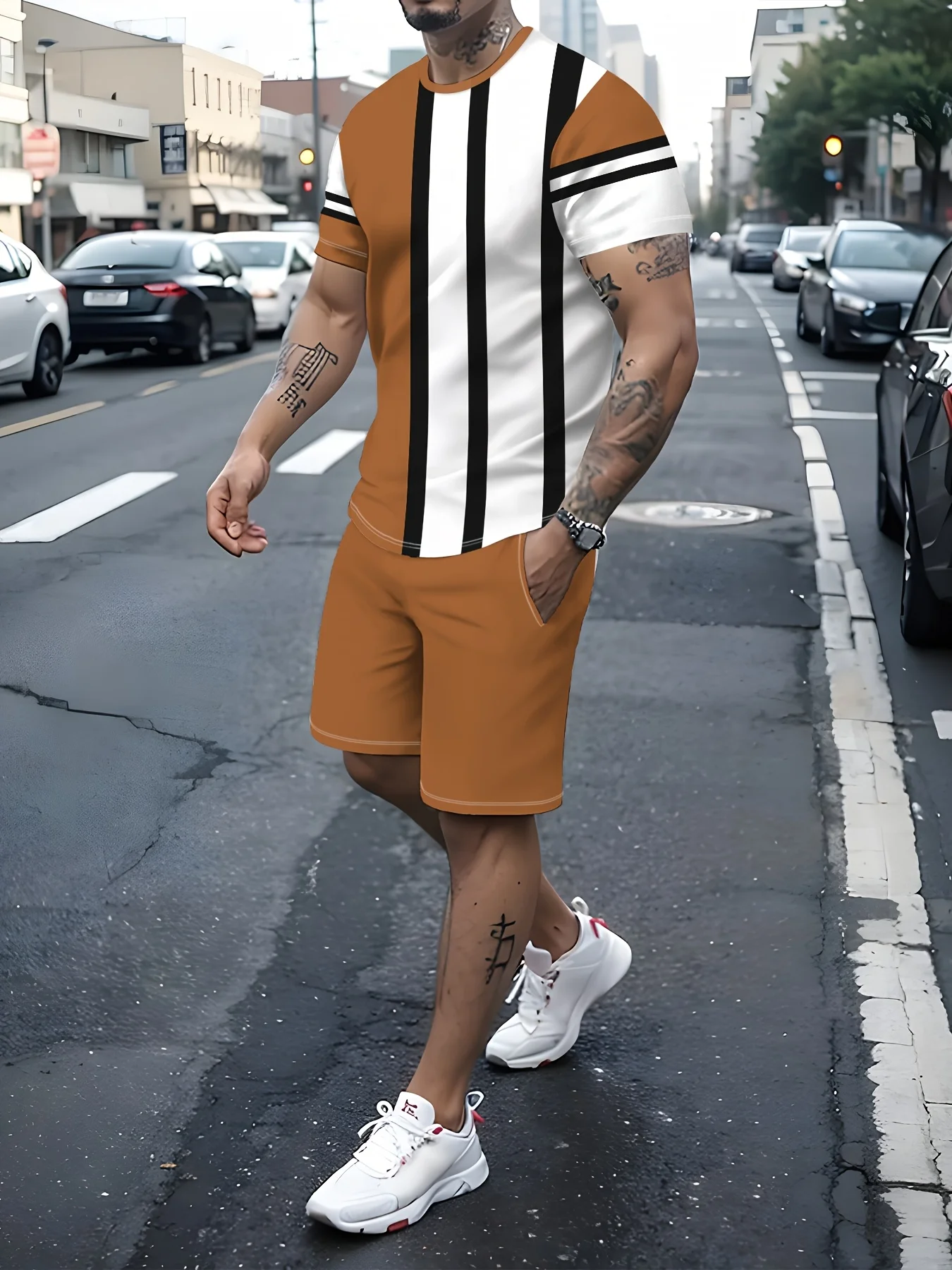 

2025 Summer Hot Sale Breathable Color Matching Printed Short-sleeved Shorts Set Adult Fitness Sports Fashion Street Suit
