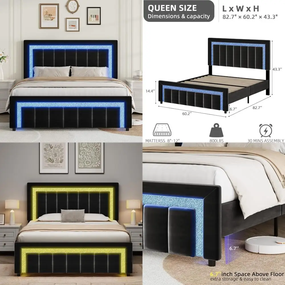 Queen Size Bed Frame with LED Lights and Velvet Headboard, Modern Diamond Stitched Upholstered Bed Frame
