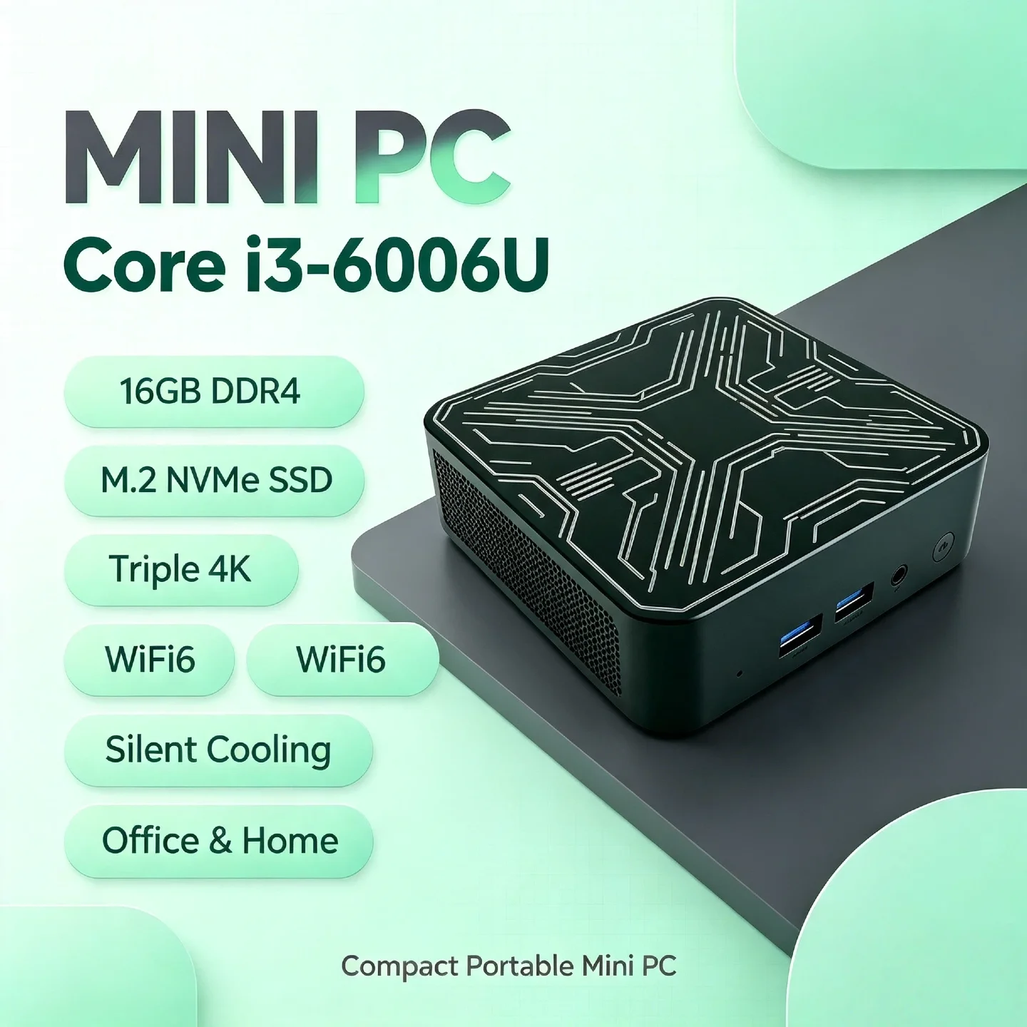 Office Home Desktop Computer 2026 Intel Core i3-6006U Portable Mini PC 16GB DDR4 M.2 NVMe SSD Triple 4K WiFi6 Silent Cooling