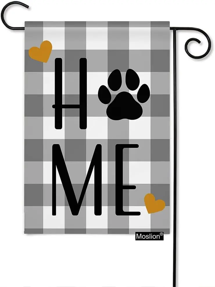 Moslion Home Garden Flag Vertical Double Sided Dog Cat Paw Heart on Gray White Plaid Gingham Buffalo Check House Flags Home Burl