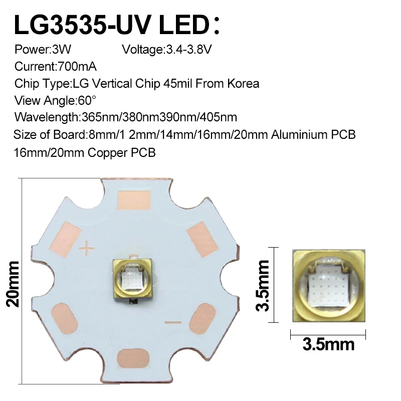 5pcs 3W 3535 High Power UV LED LG Vertical Quartz Glass Chip 45mil Light Beads 60Degree 365nm 385nm395nm405nm For Printer Curing