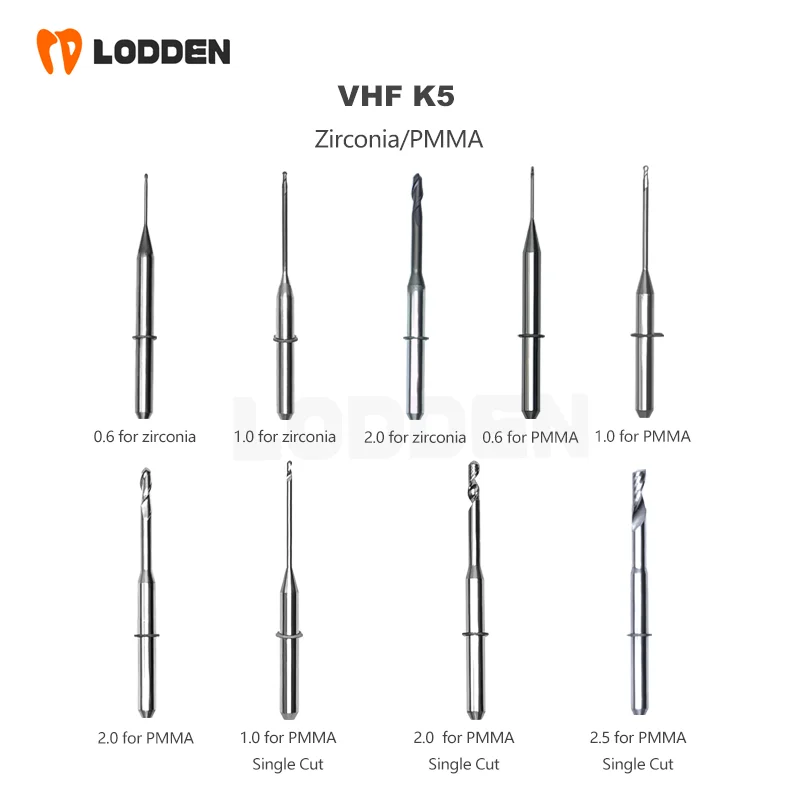 LODDEN VHF K5 Dental Burs Milling for Zirconia PMMA Single Cut Dental Lab Grinding Diamond Coating D3 CAD CAM Milling Drills