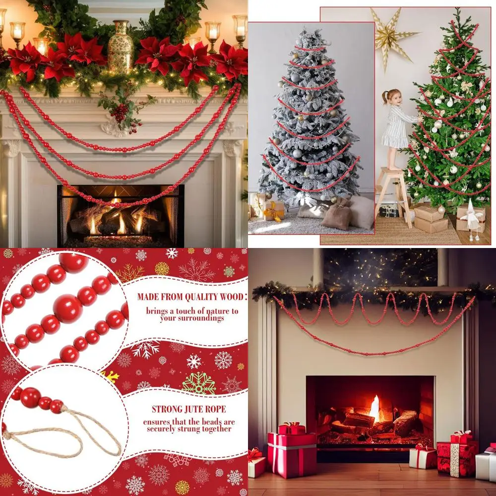 

Деревенская деревянная гирлянда из бисера, 32,8 фута для рождественской елки, декор из красных бусин для праздничного дома в стиле фермерского дома