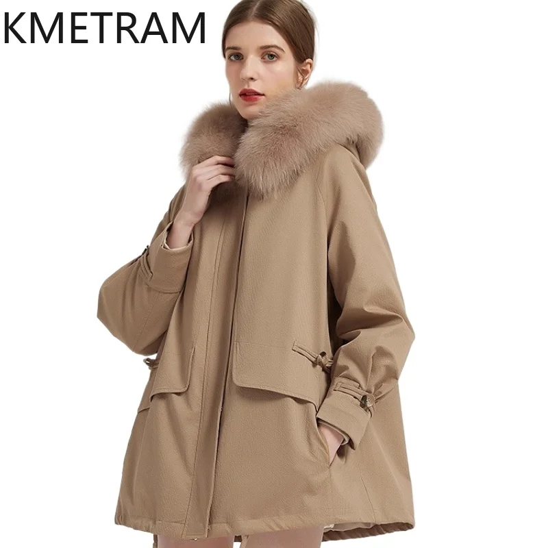 

KMETRAM Natural Rex Rabbit Fur Lining Parka Jacket Mid Length Hooded Khaki Fox Fur Collar Fur Coats Woman 2025 Winter fourrures