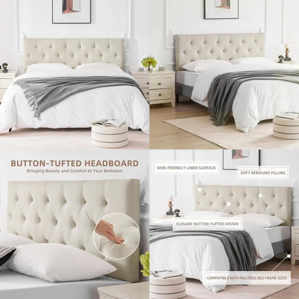 

Beige Twin Size Linen Upholstered Adjustable Height Bed Board, 37-51, Suitable for Dorms and Wall Mount