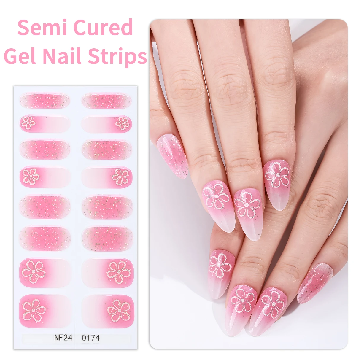 16Tips Spring Flowers Semi Cured Gel Nails Strips Gradient French Manicure Decal UV LED Lamp Need Full Cover Gel Nail Stickers