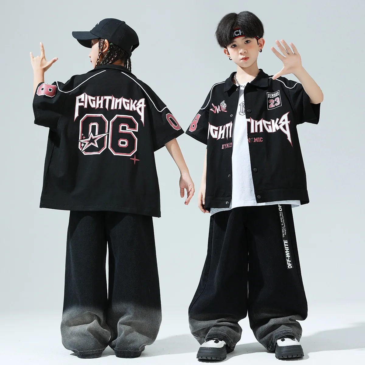 

Детская одежда в стиле хип-хоп, черная рубашка с короткими рукавами и принтом, топ, повседневные джинсовые джинсы, мешковатые брюки для девочек и мальчиков, костюм для джазовых танцев, одежда