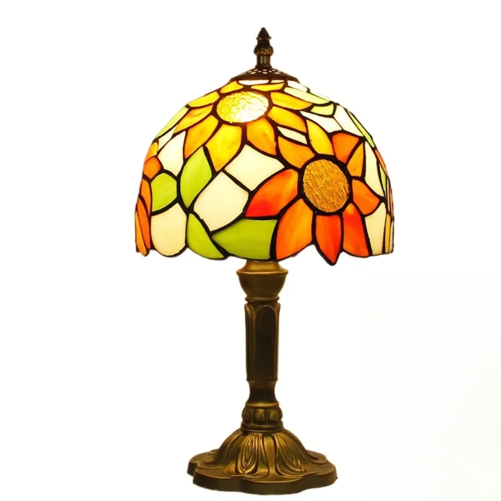 8inch American Tiffany Stained Glass Sunflower Lampshade Table Lamp Living Room Bedroom Night Light Villa Hotel Desk Lamp