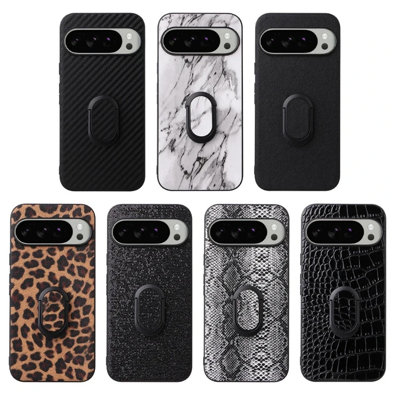 Für Google Pixel 10 Pro 8 7 6 9 Pro XL 9A 8A 7A Ledertasche mit Fingerringhalter Kohlefaser Saffiano Leopard Print Cover