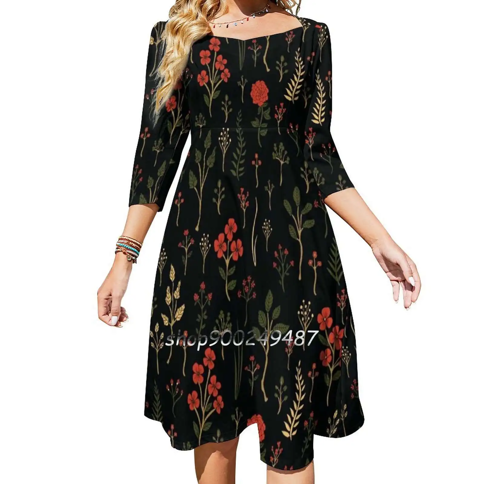 Green , Red-Orange , And Black Floral / Botanical Print Evening Party Dresses Midi Sexy Dress Female Sweet One Piece Dress