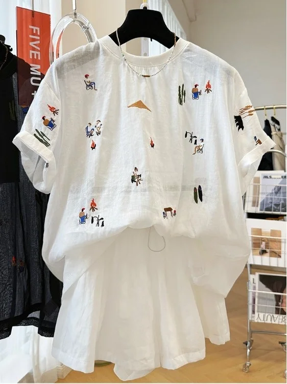 

Heavy Embroidery Linen Casual Women's Two-Piece Set ort Sve T-irt And orts Comfortable Breathable Moisture ng