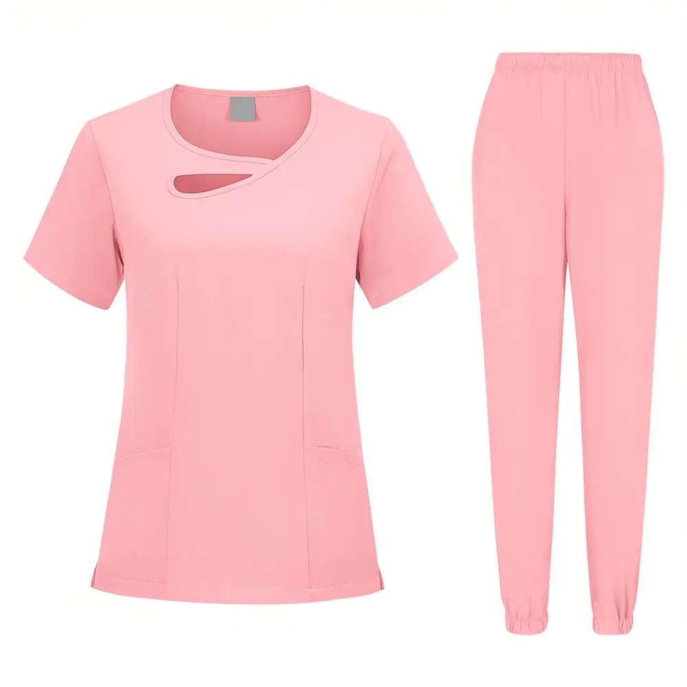 For HZMNOI Summer Unisex Scrub Suit V Neck Short Sleeve Nursing Uniform Elastic Breathable Dental Hospital Work Clothes