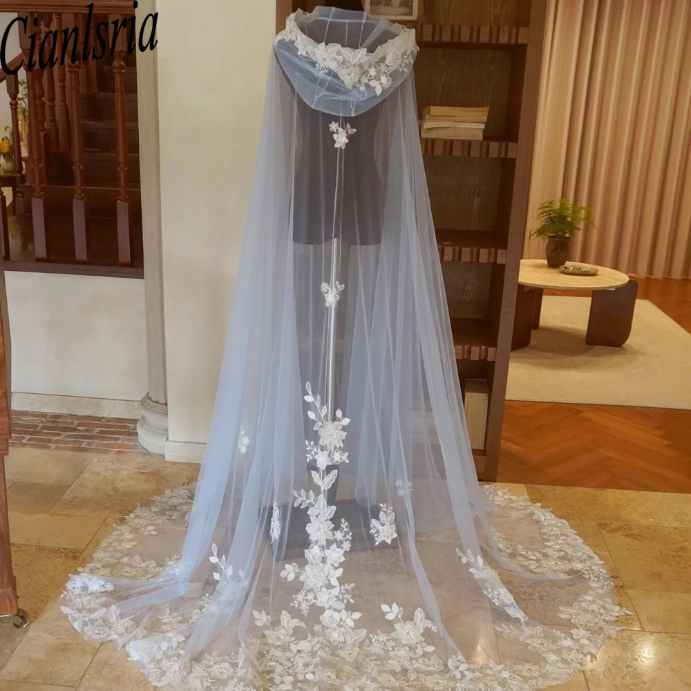 Wedding Cape Lace Appliques Bridal Cloak Floor Length Elegant Fashion Bridal Jacket With Hood