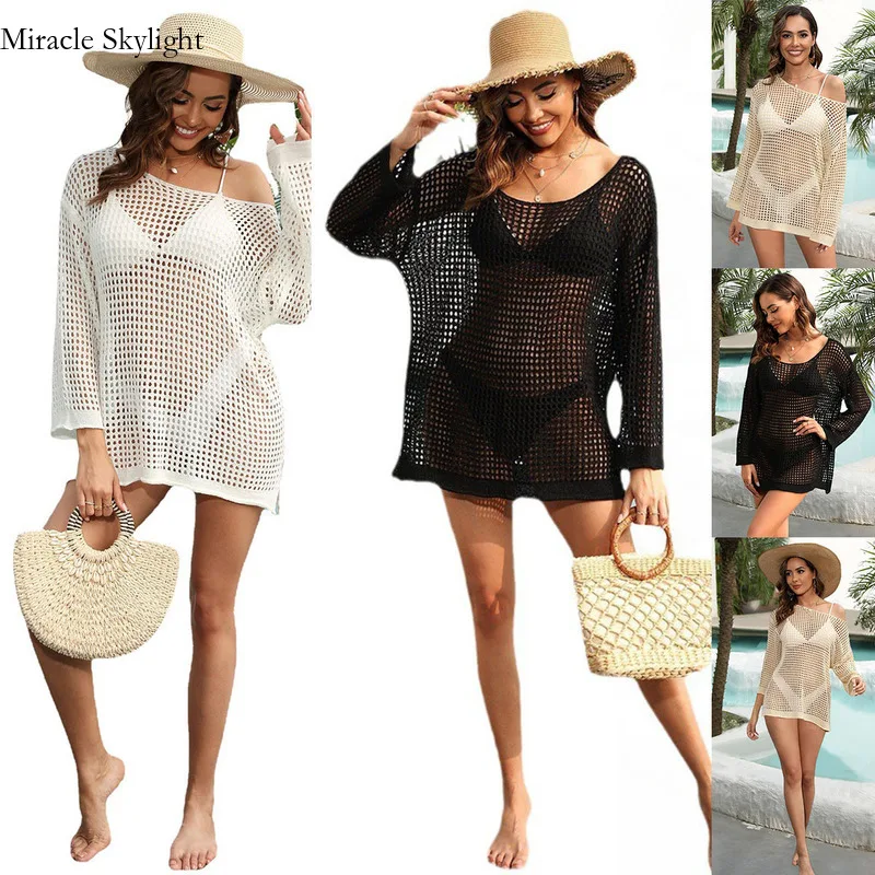 

New Hollow Pullover Sunscreen Robe Bikini Overlay Beach CoverXun vacation style long knitted dress cross-border long sleeved