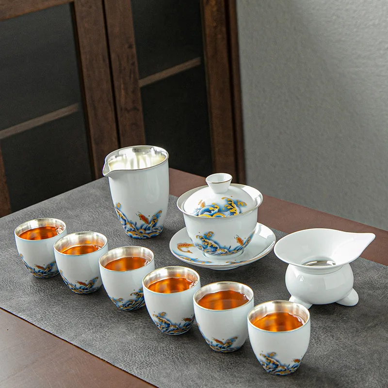 Pure Silver Tea Set Kung Fu Tea Cup Handmade Silver-Plated Gaiwan Gift Box Set Promotional Business Gift CustomizableLOGO