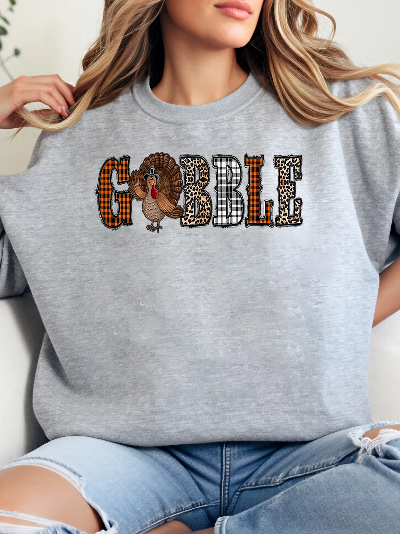 

Женский свитшот с принтом Gobble Turkey на День Благодарения, повседневный осенне-осенний наряд, серый, больших размеров