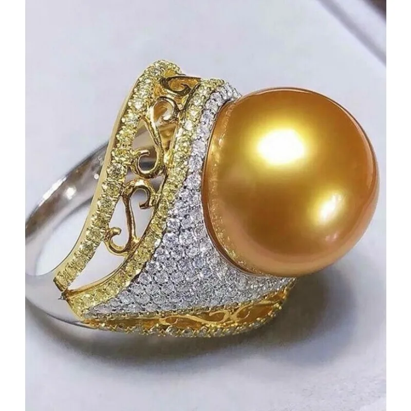 Gorgeous Extra Large AAAA 13-12mm Round Natural South Sea Gold Pearl Women's Ring 925 Silver