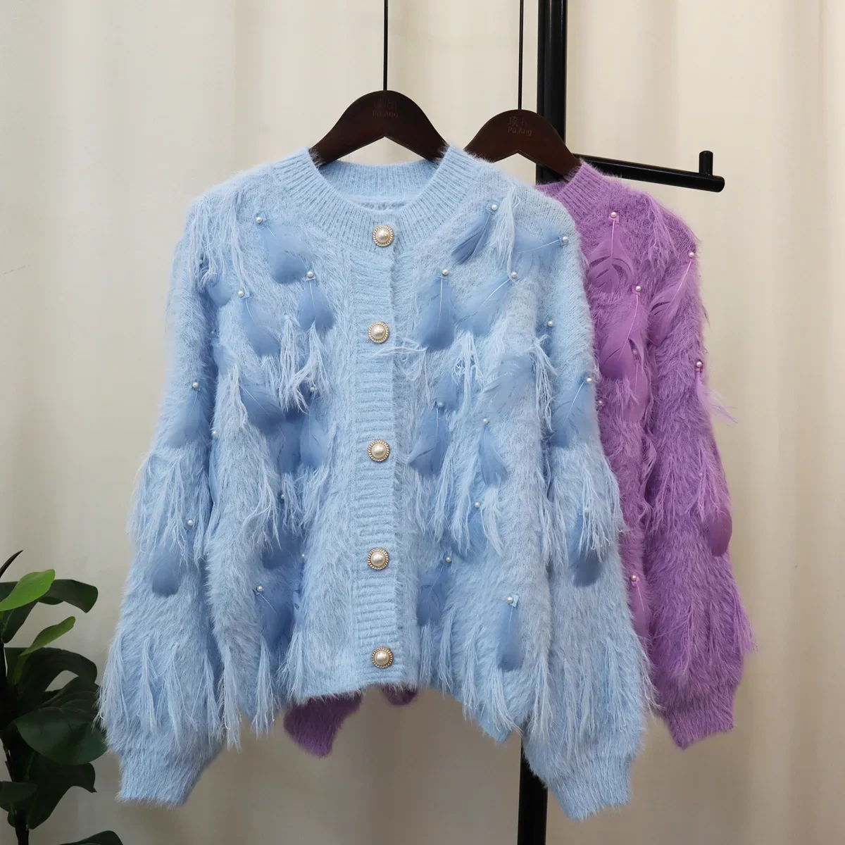 Fur Long Sleeve Cardigan Fluffy Top Beaded Autumn Winter 2024 Pink Knitted Sweaters Women Spring Tops Jumpers Knit Pullovers