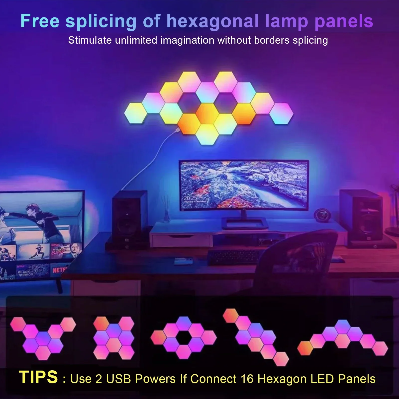 APP Remote Control Night Light Computer Game Room Bedroom Decoration 12/20 Pcs RGB LED Hexagon Light Indoor Wall Light Bluetooth