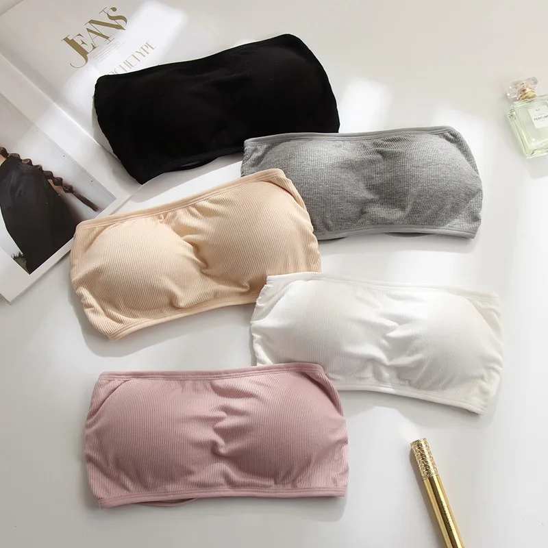 

3-pack Solid Bandeau Bra Strapless One-piece Bustier With Bra Pads Underwear Tube Tops Wire-Free Bras