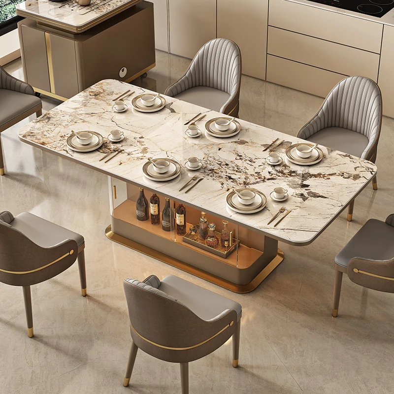 

Яркий обеденный стол из каменной плиты в стиле лайт-люкс: современный, простой, для дома, премиум-класса