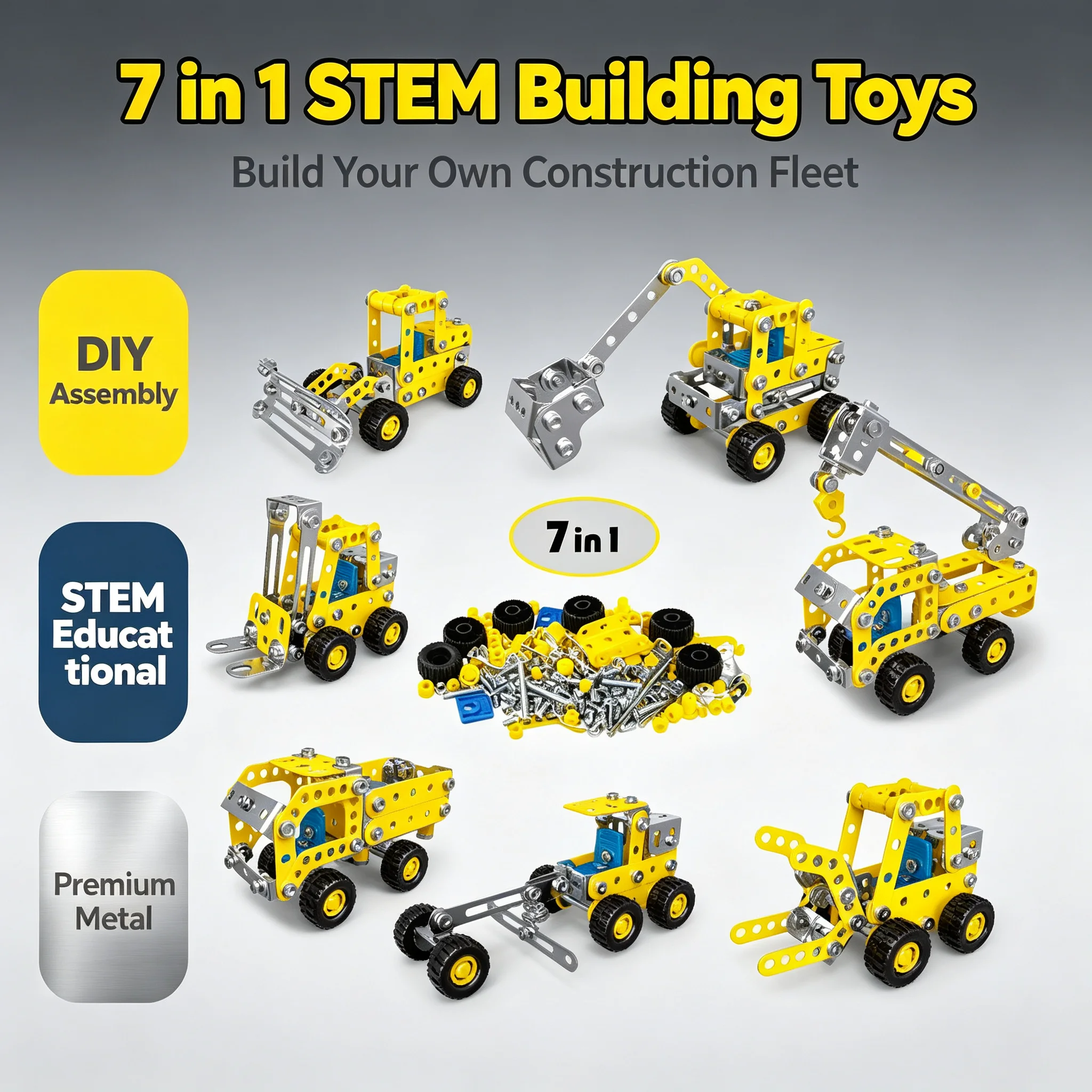 7-in-1 Metal Engineering Vehicle Building Kit DIY Alloy Construction Truck Assembly Blocks Educational STEM Toy for Kids