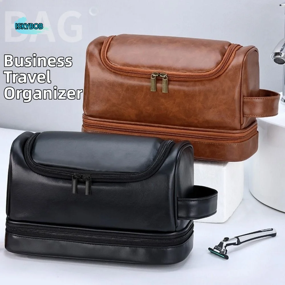 Large Capacity Men Toiletry Bag PU Leather Double layered Cosmetic Storage Bag with Hanging Hook Handheld Makeup Bag Women