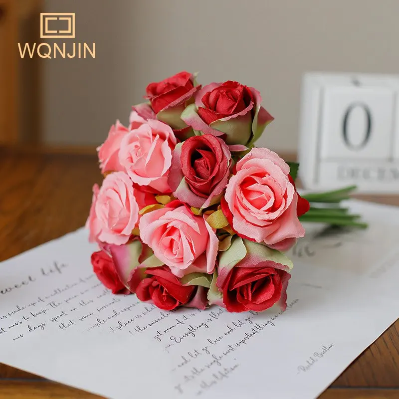 12 Heads Artificial Silk Rose Flowers Bouquet White Red for Wedding Bridal Party Home House Garden Festival Bar Decoration