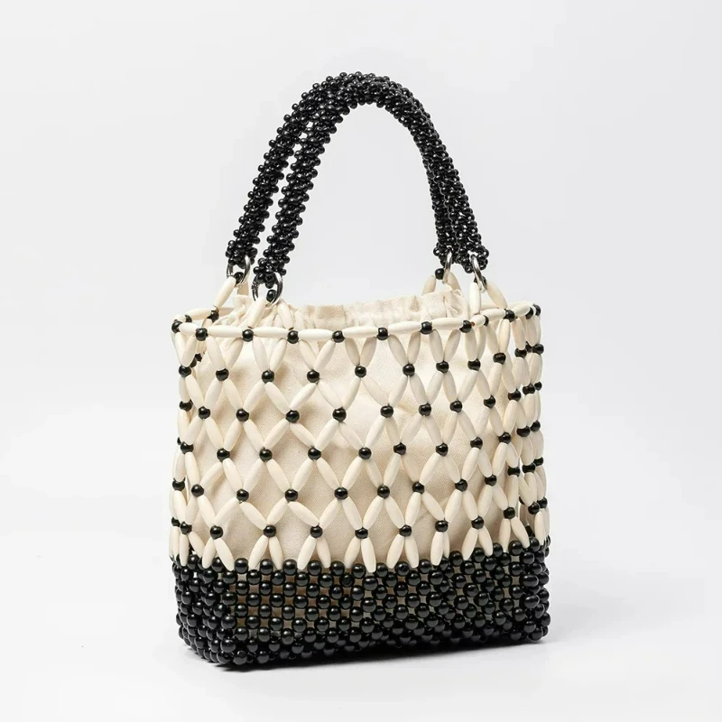 Bolso de Mano Tejido con Cuentas de Madera Hecho a Mano, Estilo Moderno 2026, Diseño Abierto para Mujer, Bolso Tipo Clutch Versátil y Ligero