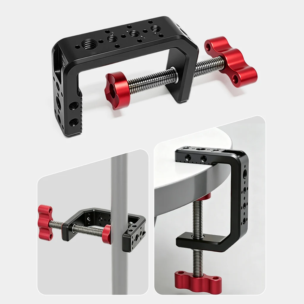 Aluminium C-Klemme mit Cold Shoe und Arri-Positionierloch 1/4" 3/8" Gewinde für DSLR-Kamera, Monitor, LED-Videoleuchte, Schreibtisch-Rig – Detail 15