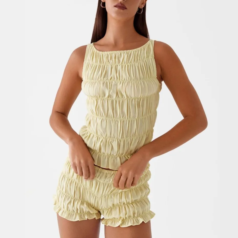 

Летние праздничные наряды, женские плиссированные короткие комплекты из 2 предметов, модный топ без рукавов с круглым вырезом, повседневные эластичные короткие женские костюмы