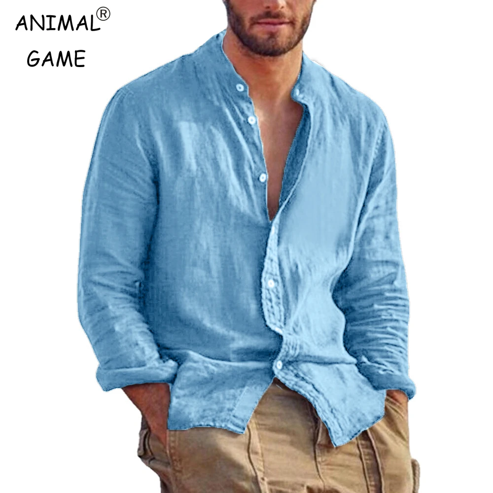 New Men\'s Solid Color Long Sleeve Shirt Linen Cotton Shirts Trend Plus-size Stand Collar Casual Lightweight Beach Tops