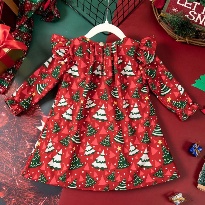 

2-7Y Christmas Girl Dress Toddler Girls Long Fly Sleeve Round Neck Cute Christmas Tree Dresses Fall Kids Girls Clothes