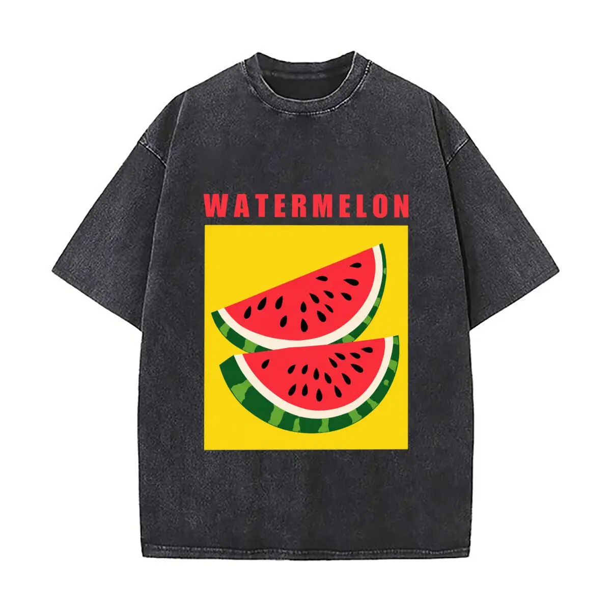 Watermelon Fruit Slices Seeds Colorful Summer Graphic Washed Short Sleeve Loose Streetwear Tee Hip Hop