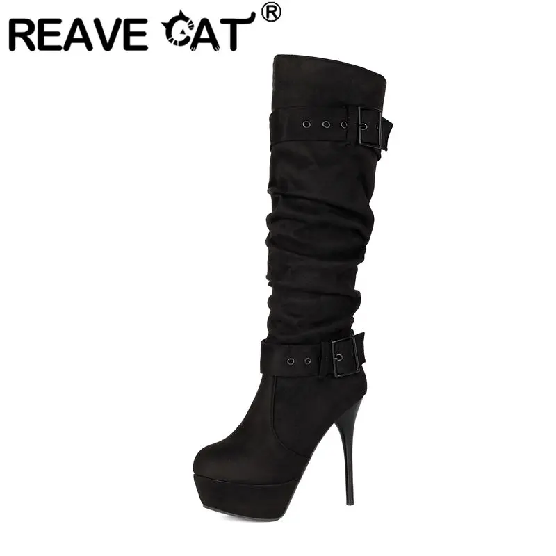 REAVE CAT Black Women Knee High Boots Round Toe Stiletto Heel Platform Slip On Pleated Small Big Size 33 48 49 Sexy Party Botas