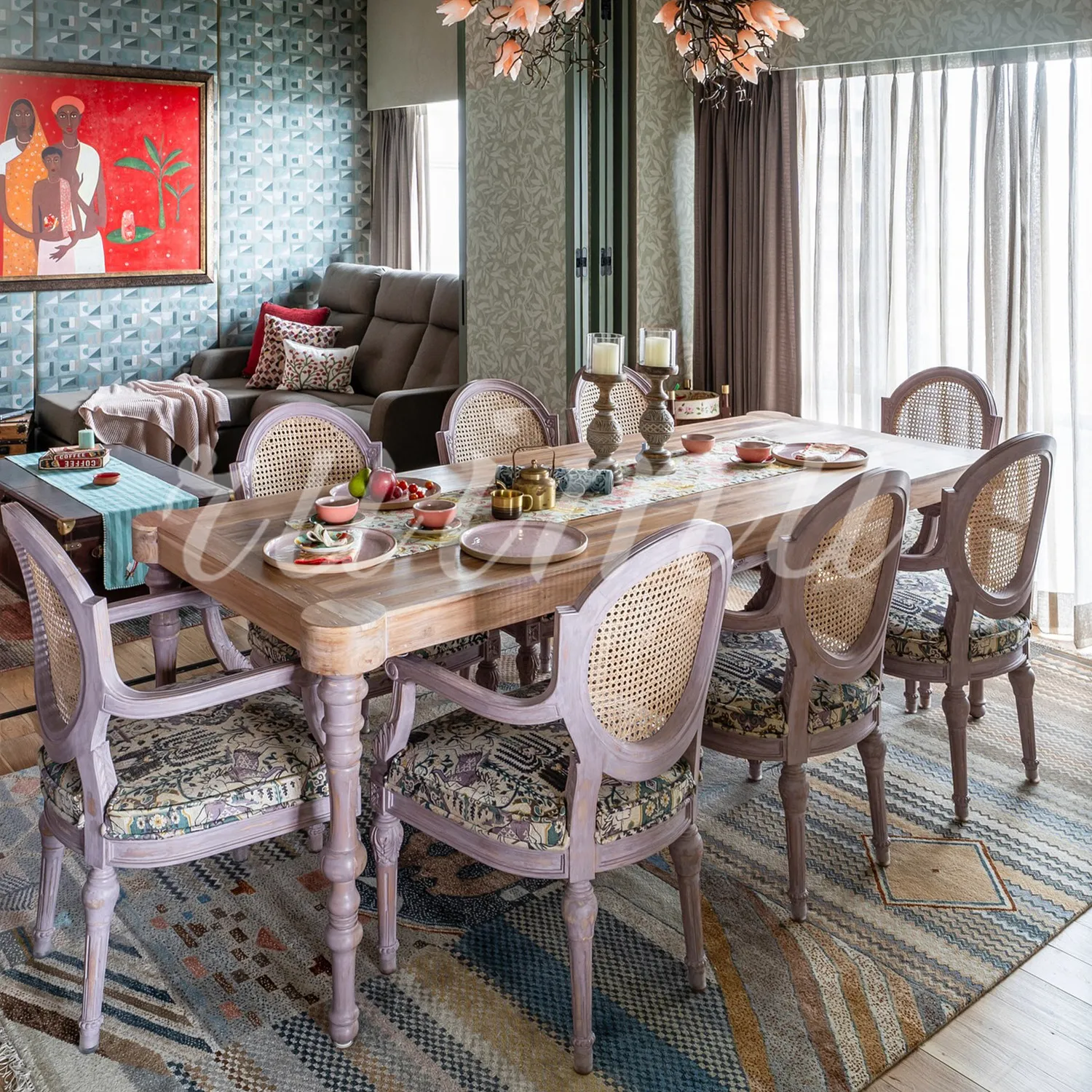 French Retro Solid Wood Dining Table Villa Living Room Home Long Dining Table American Country Contrasting Color Dining Table